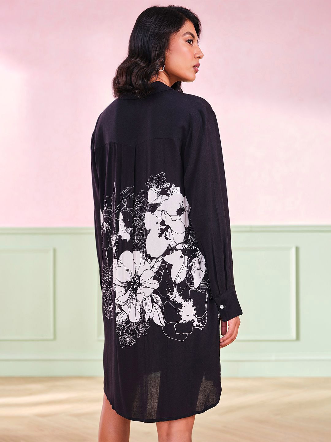 AND Floral Women Black and White Printed Long Sleeves Shirt Collar A-Line Dress