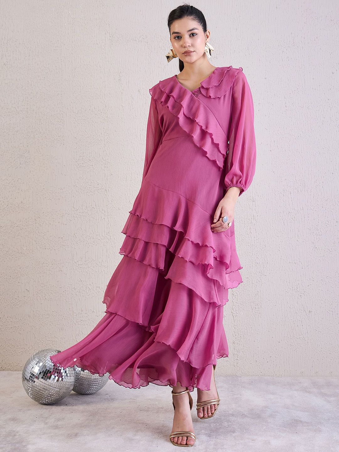 Antheaa Puff Sleeve Chiffon Maxi Dress