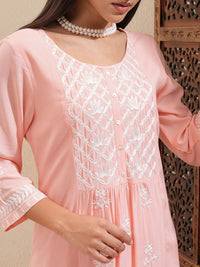 Vishudh Peach-Coloured Floral Embroidered Thread Work Straight Kurta With Palazzos