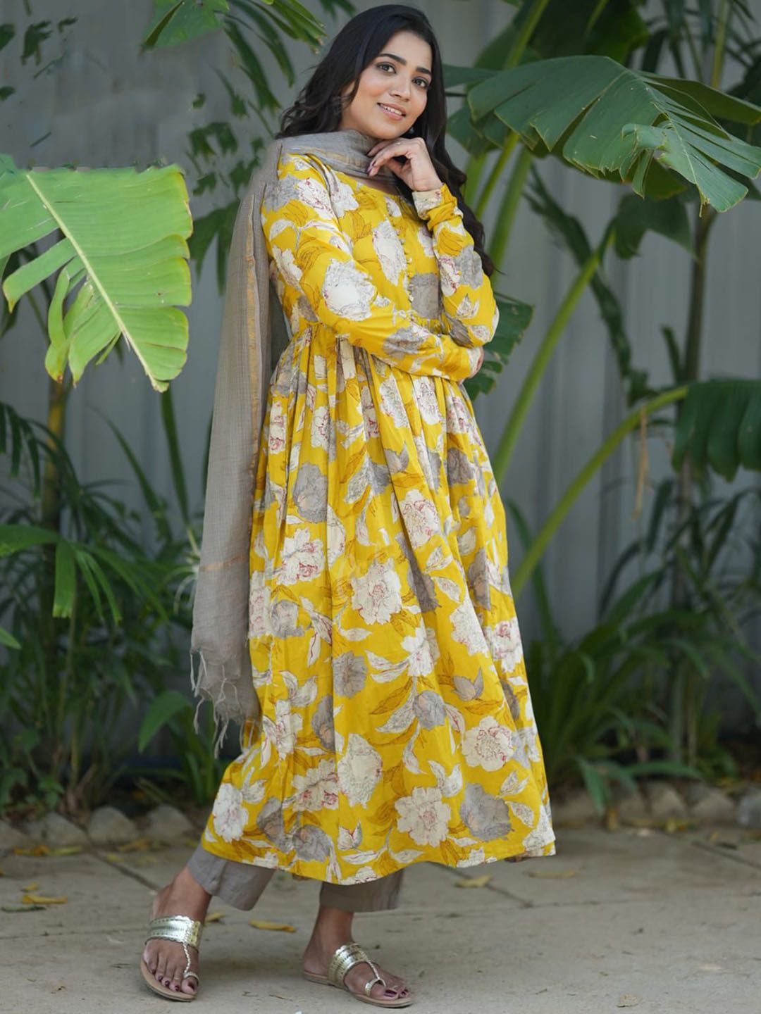 KALINI Floral Printed Anarkali Kurta with Trousers & Dupatta