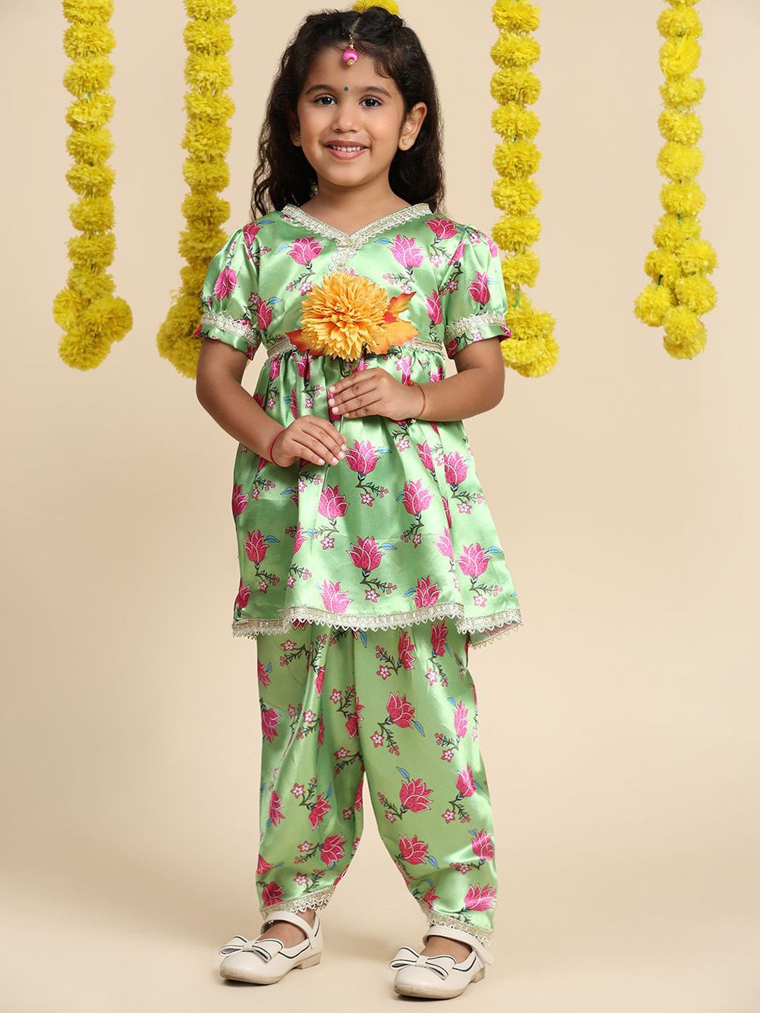 Cutiekins Girls Floral Printed V-Neck Gotta Patti Empire Anarkali Kurti with Dhoti Pants