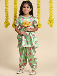 Cutiekins Girls Floral Printed V-Neck Gotta Patti Empire Anarkali Kurti with Dhoti Pants