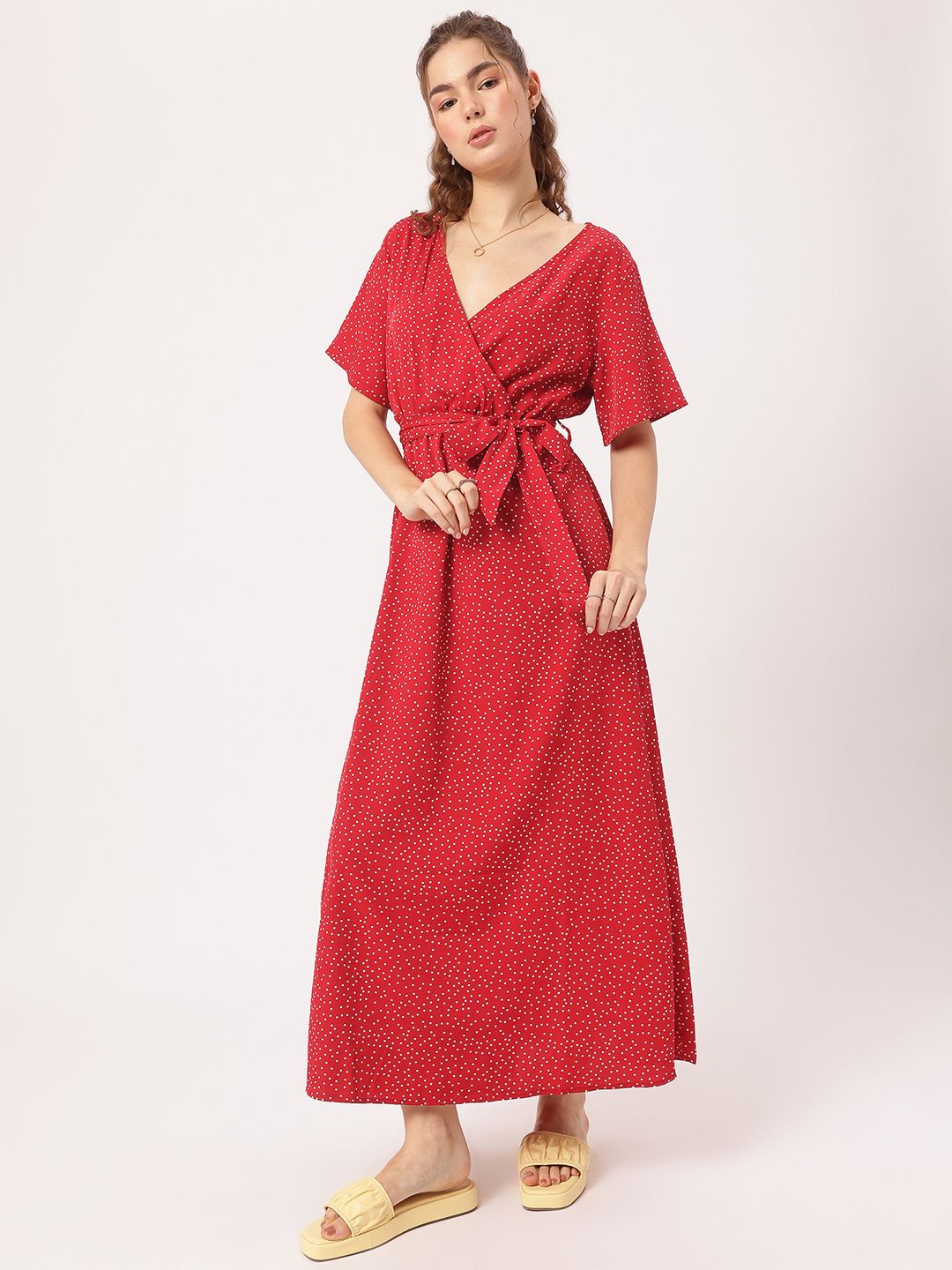 DressBerry Red Polka Dot Wrap Maxi Dress