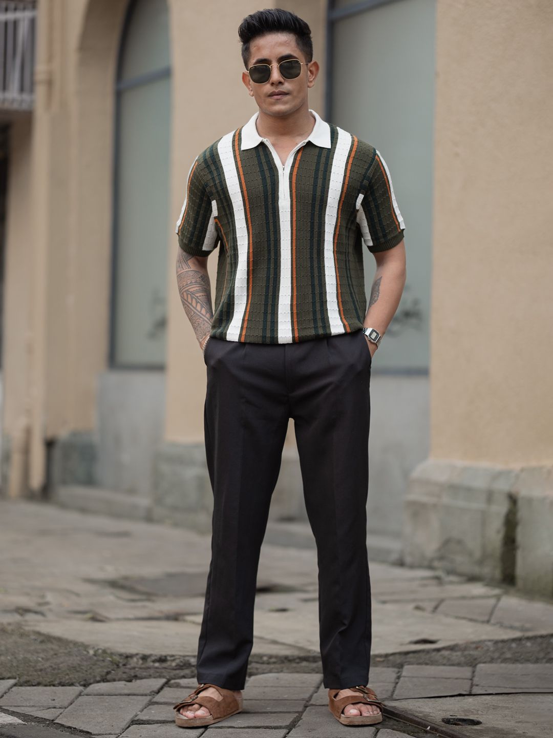 Powerlook Men Striped Polo Collar Pure Cotton T-shirt