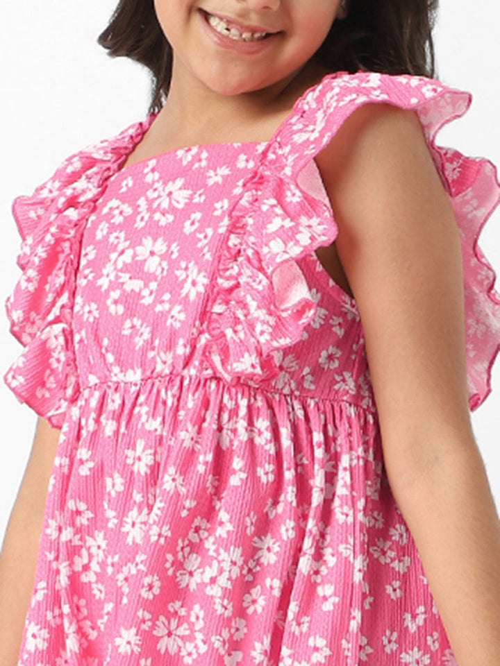 Nauti Nati  Girls' Textured Knit Ruffle Sleeves Floral Frock