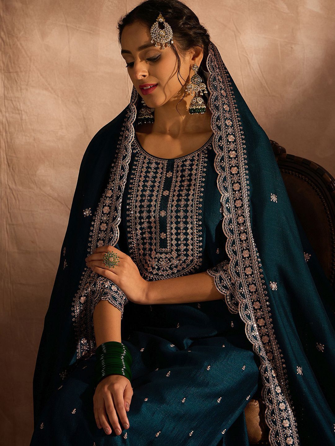 Indo Era Ethnic Motifs Embroidered Thread Work Straight Kurta With Trousers & Dupatta