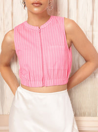 DressBerry Flamingo Flair Striped Cotton Linen Blouson Crop Top