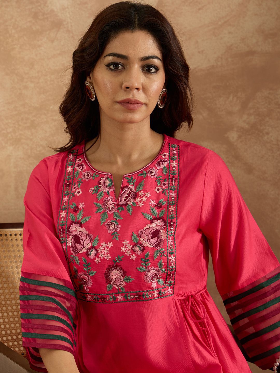 Indo Era Women Floral Embroidered Empire Thread Work Liva Kurta with Trousers