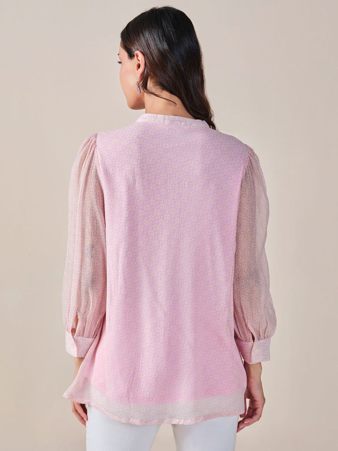 Global Desi Women Self Design Puff Sleeve Top