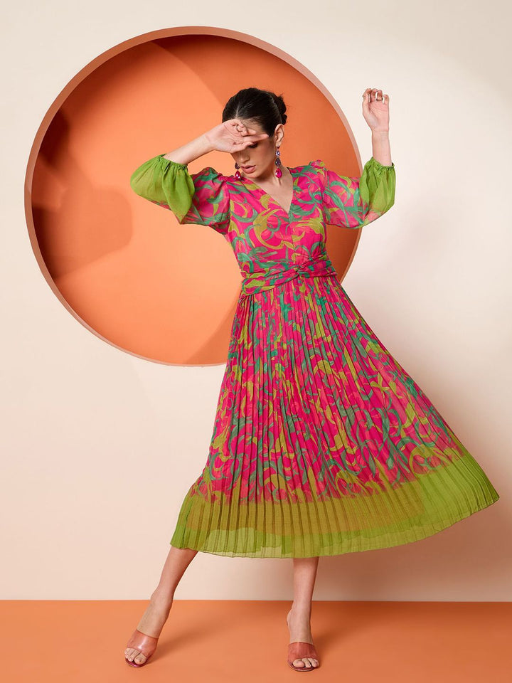 Antheaa Women Floral Printed Fit & Flare Pleated Midi Dress