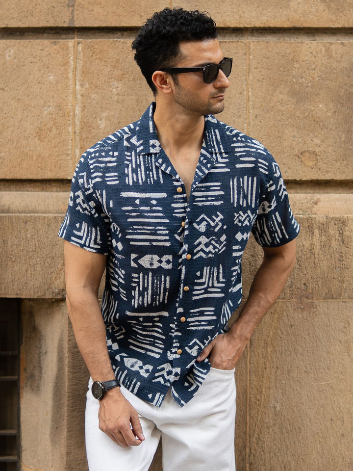 Powerlook Abstract Aztec Printed Cuban Collar Cotton Shirt