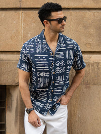 Powerlook Abstract Aztec Printed Cuban Collar Cotton Shirt