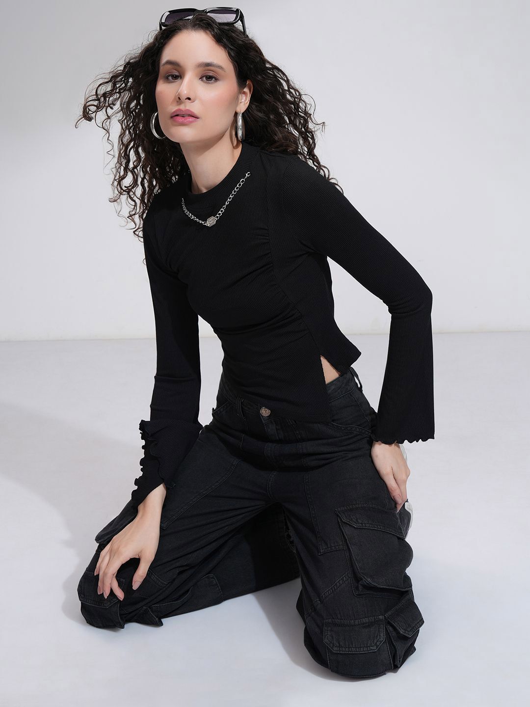 Tokyo Talkies Women Ribbed Mock Neck Bell Sleeve Fitted Top