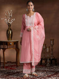 Libas Floral Yoke Design Notch Neck Thread Work Straight Kurta With Trousers & Dupatta