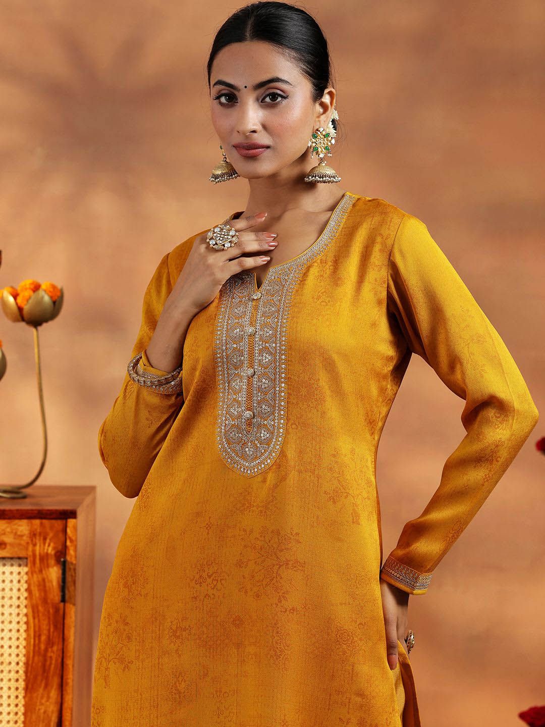 Libas Floral Embroidered Sequinned Straight Kurta With Trousers & Dupatta