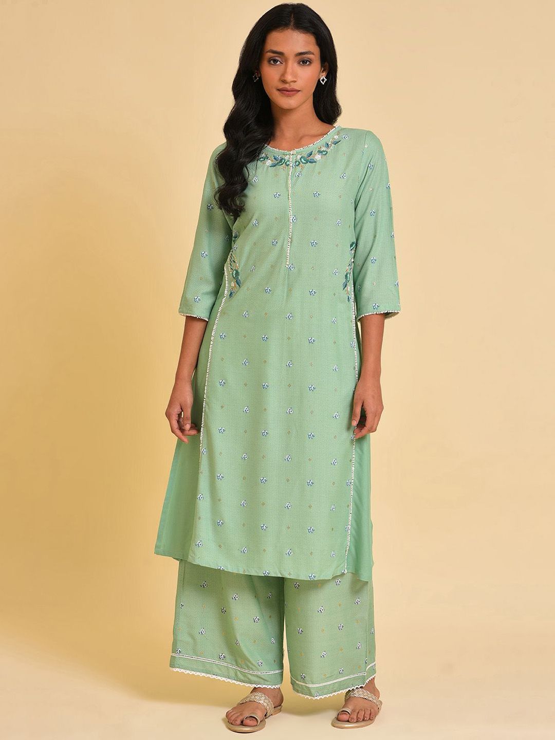 W Floral Embroidered Thread Work A-Line Kurta