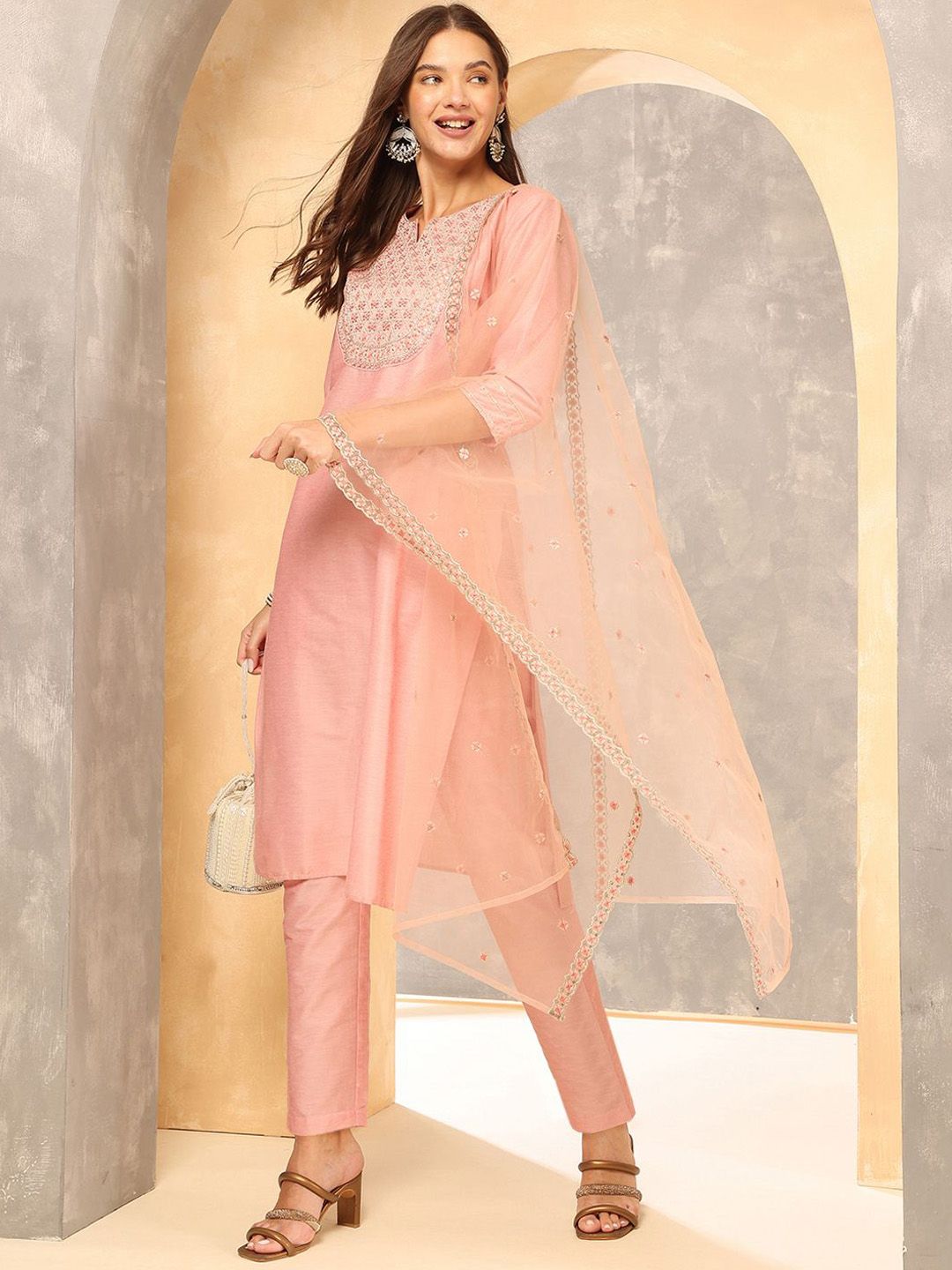 Anouk Peach-Coloured Floral Embroidered Sequinned Straight Kurta With Trousers & Dupatta