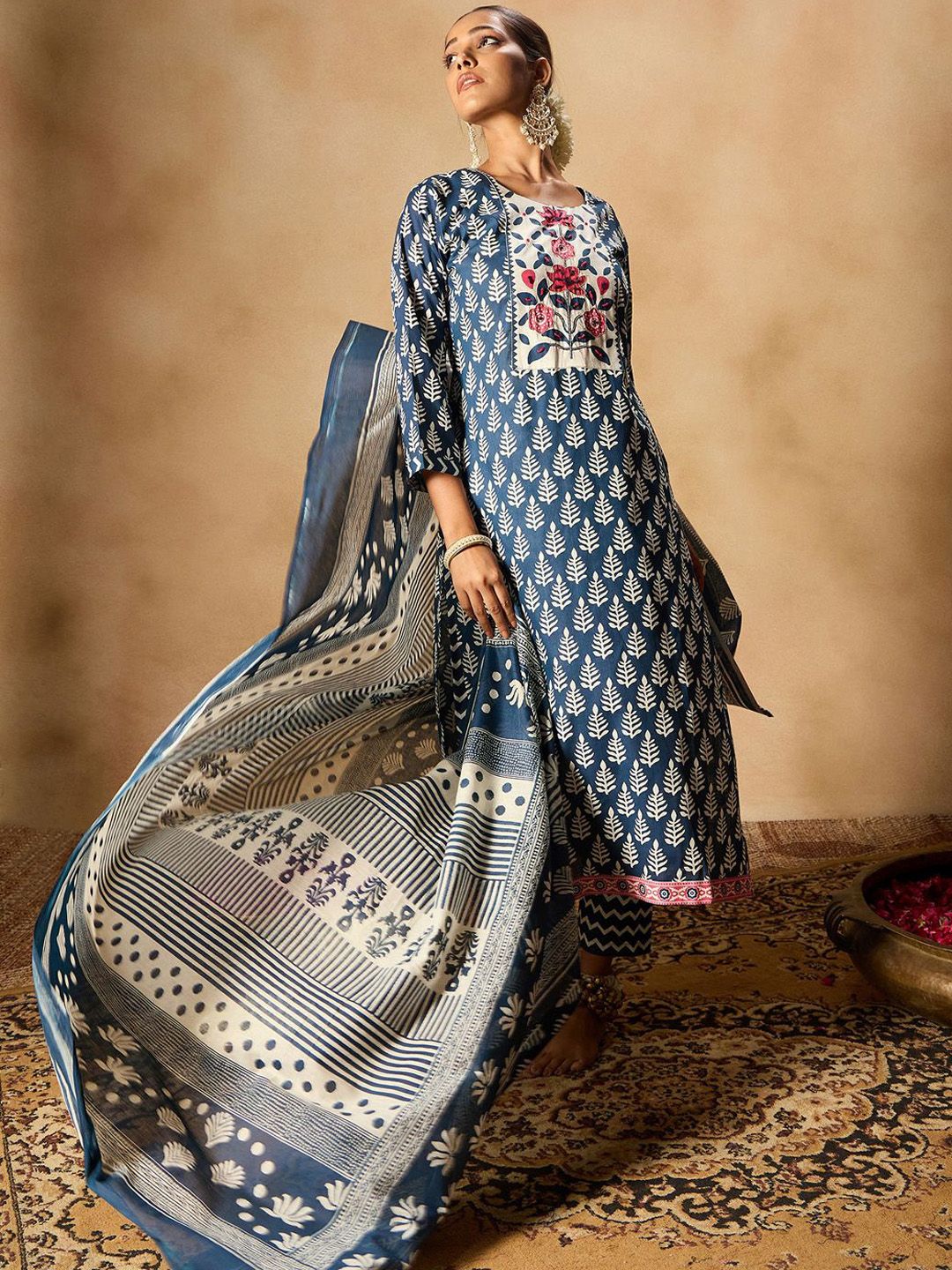 Indo Era Ethnic Motifs Printed Thread Work Pure Cotton Kurta with Trousers & Dupatta