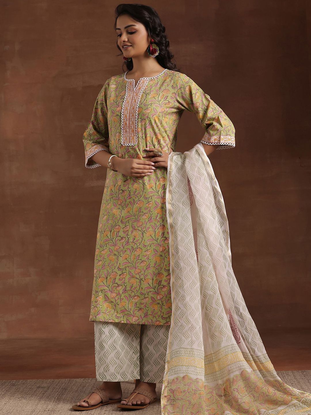 Libas Floral Printed Pure Cotton Straight Kurta with Palazzo & Dupatta