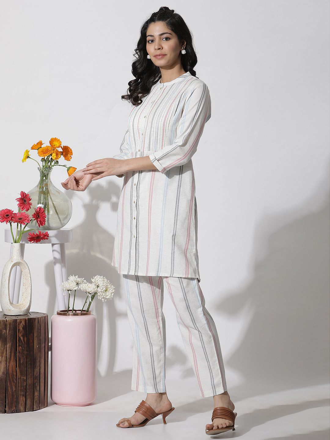 W Striped Mandarin Collar Tunic with Trouser