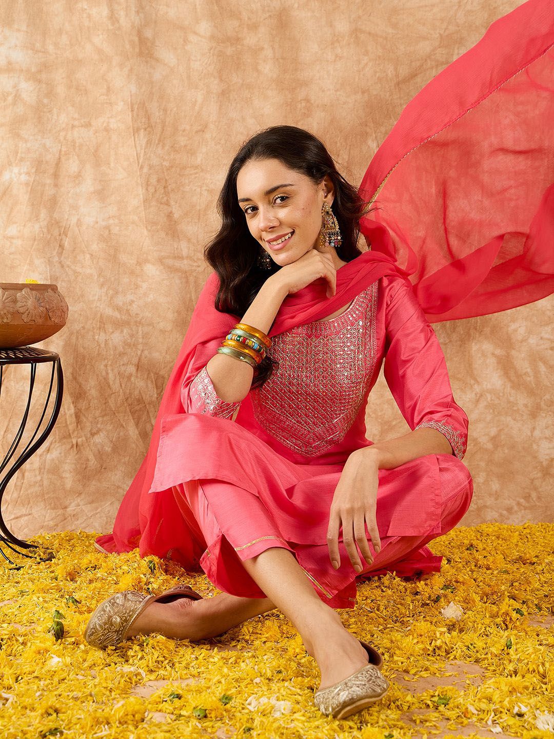 Indo Era Floral Yoke Design Straight Sequinned Kurta with Trousers & Dupatta