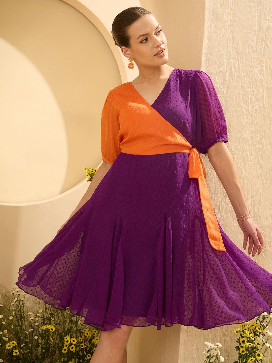 Antheaa Women Colourblocked Layered Dobby Weave Chiffon Wrap Dress