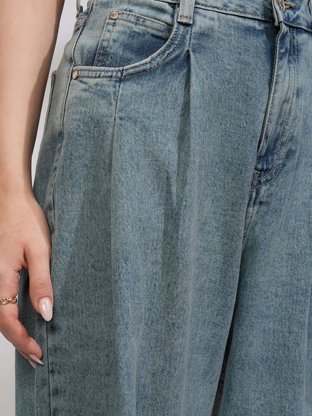 Tokyo Talkies Women High Rise Pleated Pure Cotton Wide Leg Jeans