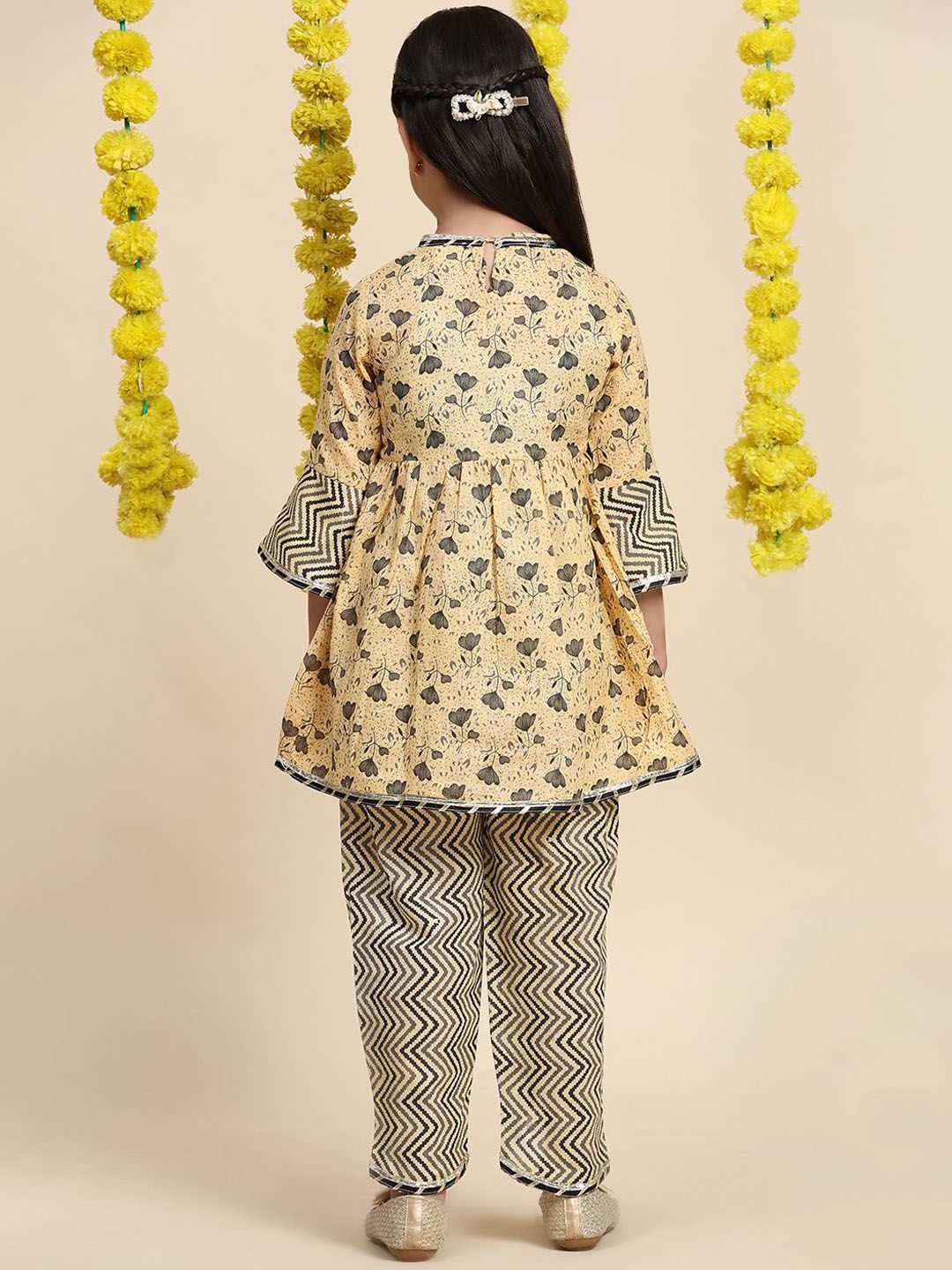 Cutiekins Girls Floral Printed Flared Sleeves A-Line Kurta With Dhoti Pants