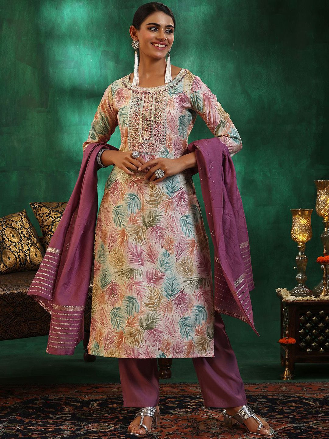 Libas Floral Printed Regular Thread Work Straight Kurta with Trousers & Dupatta