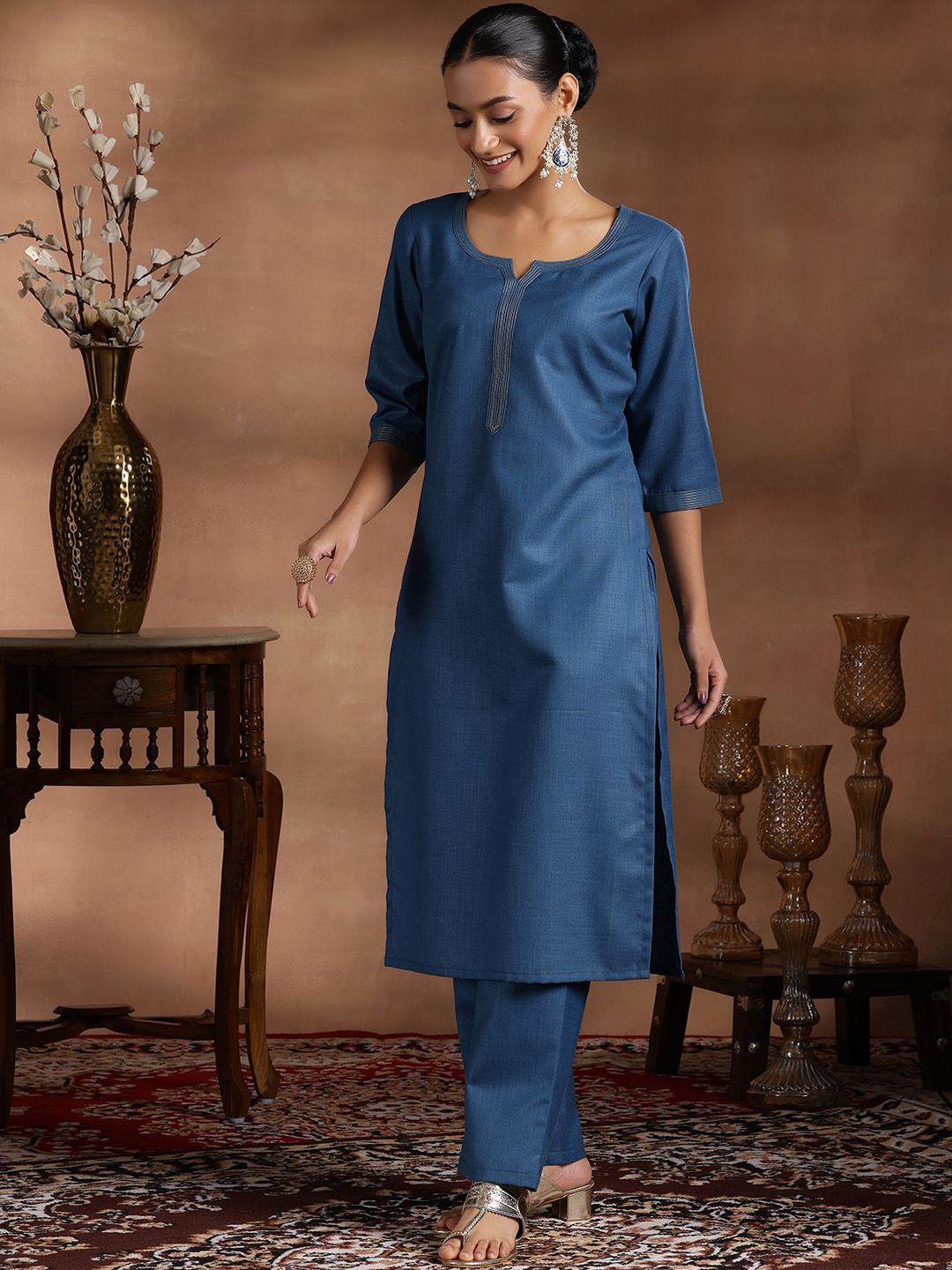 Libas Sequinned Straight Kurta With Trousers & Dupatta