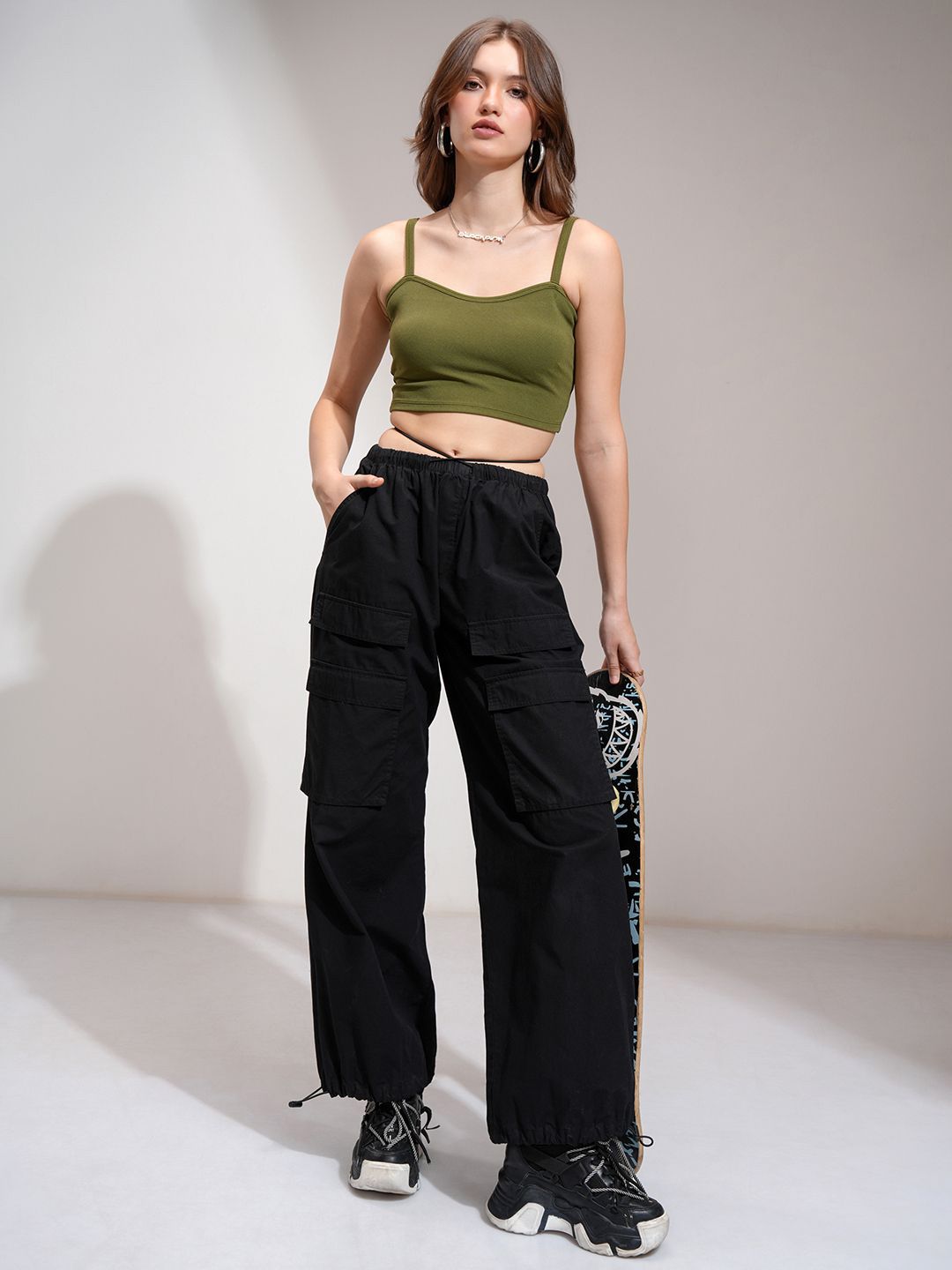 Tokyo Talkies Women Solid Shoulder Strap Crop Top