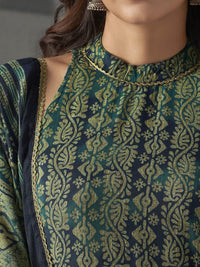 Anouk Blue Floral Printed Halter Neck Straight Kurta with Trousers & Dupatta