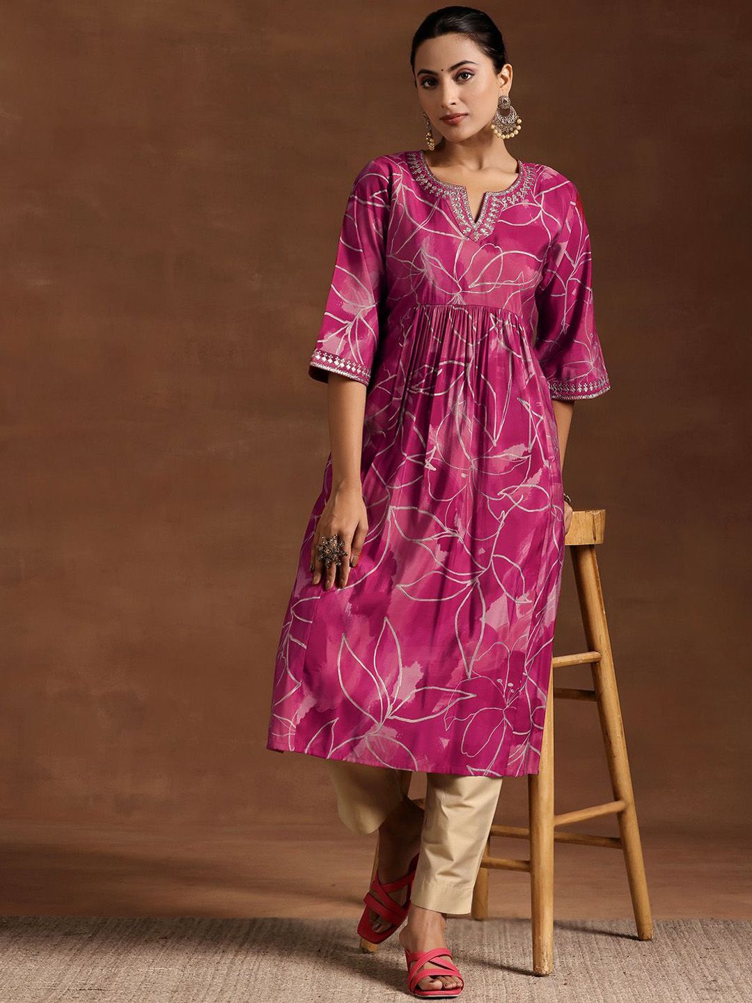 Libas Floral Printed Notch Neck Sequinned A-Line Kurta