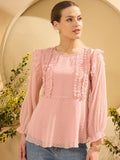 Antheaa Women Puff Sleeves Chiffon A-Line Top