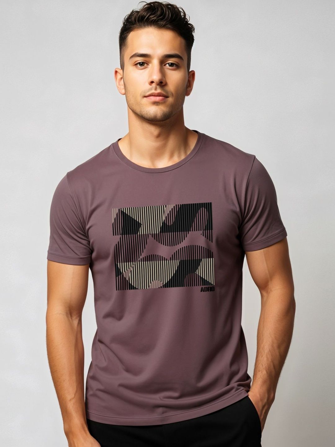 ADRO Geometrik Bercetak Leher Bulat Mesra Kulit T-shirt Fit Biasa