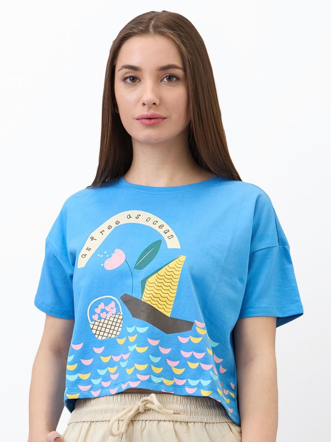 SPYKAR Women Graphic Printed Round Neck Cotton Boxy T-shirt