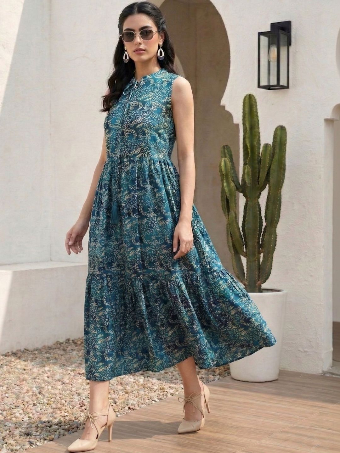 Mamicha Ethnic Motifs Print Crepe A-Line Maxi Dress