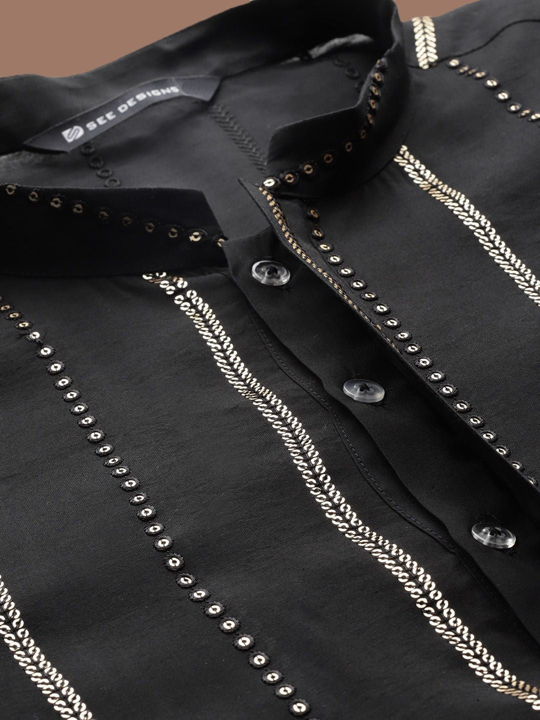 See Designs Mandarin Collar Geometric Embroidered Sequinned Chanderi Silk Straight Kurta