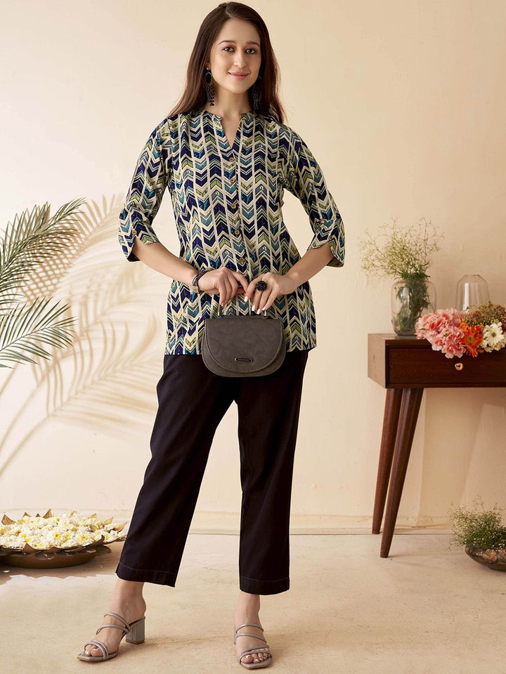 Anouk Blue Chevron Printed Mandarin Collar Pure Cotton A-Line Short Kurti