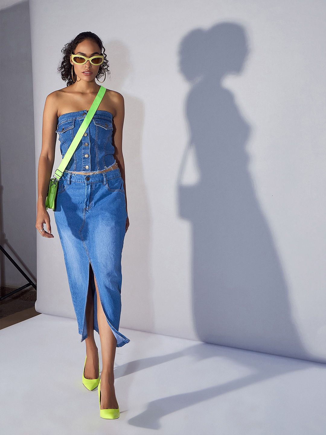 SASSAFRAS Print Off-Shoulder Cotton Denim Tube Top