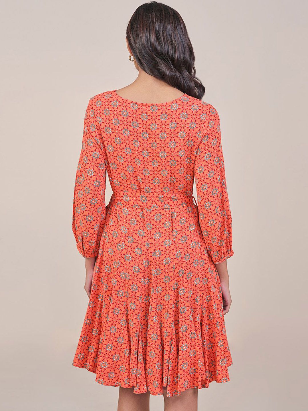 Global Desi Women Orange Printed A-Line Long Puff Sleeves V Neck Ethnic Dresses
