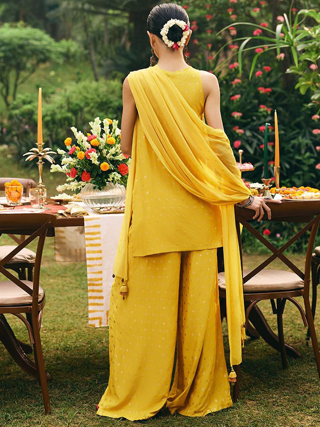 Global Desi Floral Printed Round Neck Sequinned Straight Kurta With Trouser And Dupatta