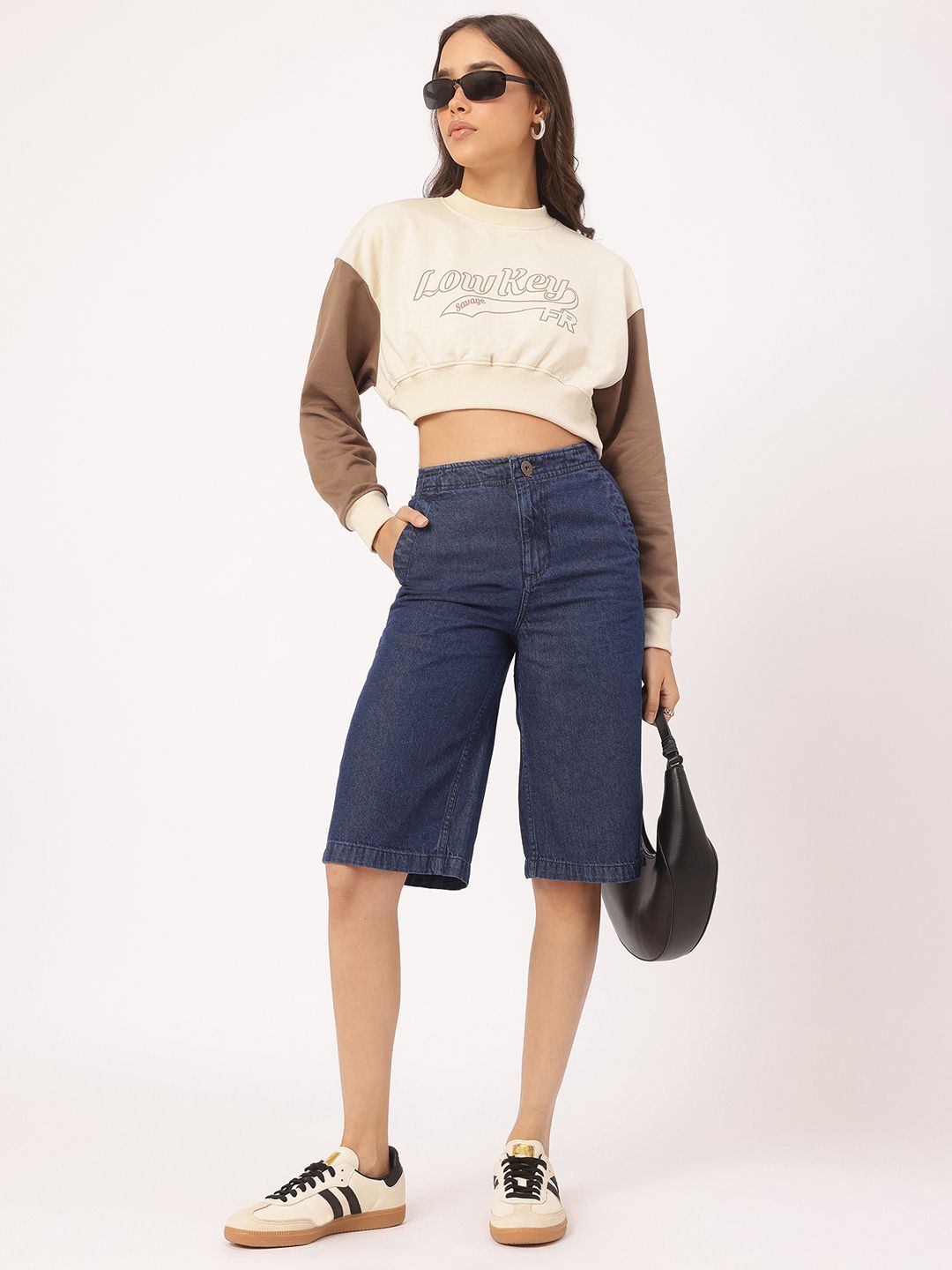 DressBerry Printed Contrast Sleeves Crop Sweatshirt