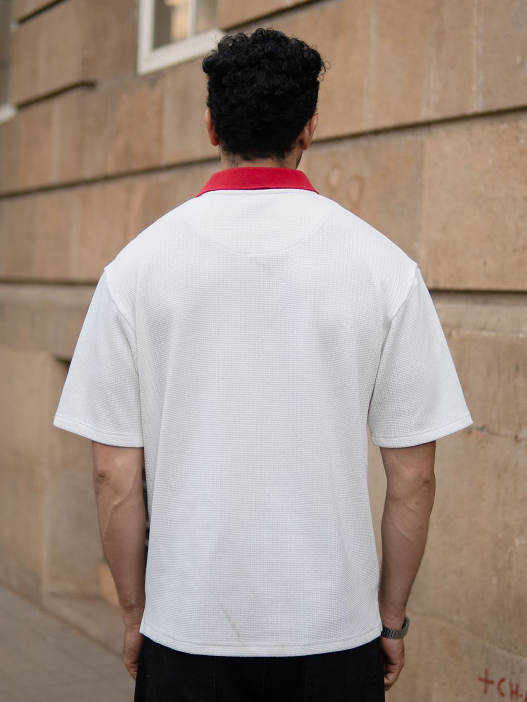 Powerlook Typography Printed Polo Collar Drop-Shoulder Sleeves Oversized T-shirt