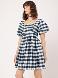 DressBerry Charming & Sassy Puff-Sleeve Monochrome A-Line Mini Dress