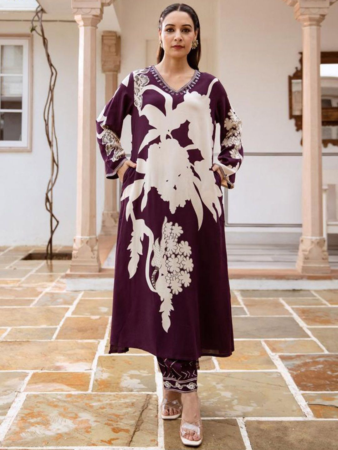 Indo Era Floral Printed Sequinned A-Line Kurta With Salwar