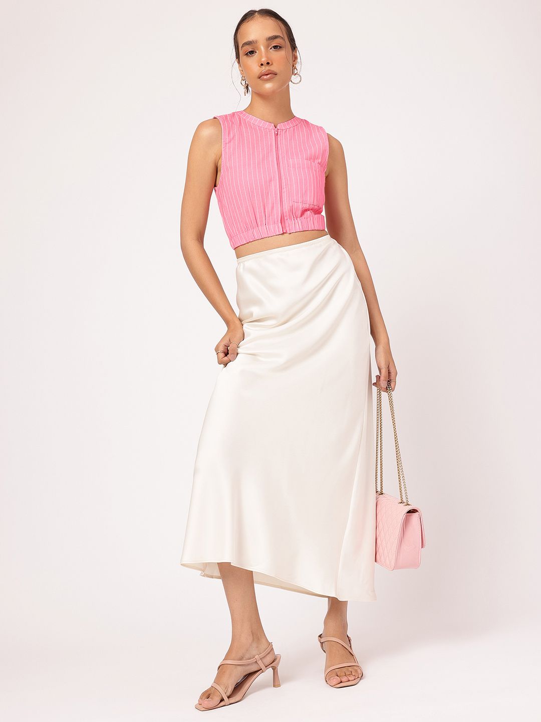 DressBerry Flamingo Flair Striped Cotton Linen Blouson Crop Top