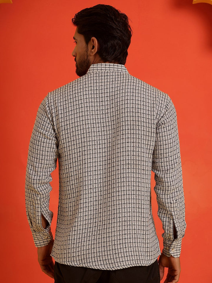 Jompers Checked Band Collar Long Roll-Up Sleeves Straight Kurta