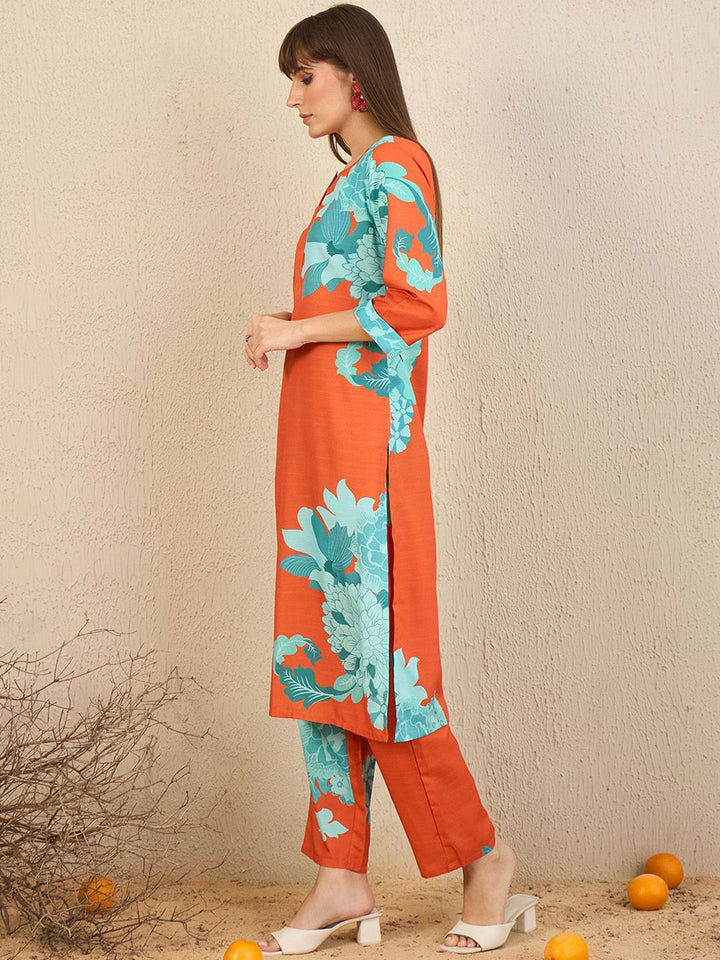 Indo Era Floral Printed Straight Kurta With Trousers