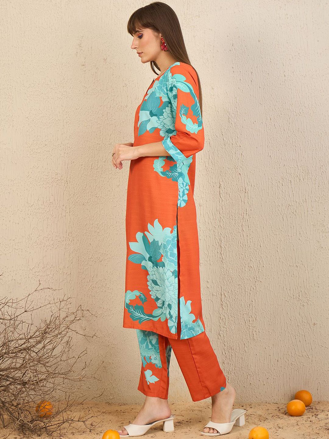 Indo Era Floral Printed Straight Kurta With Trousers